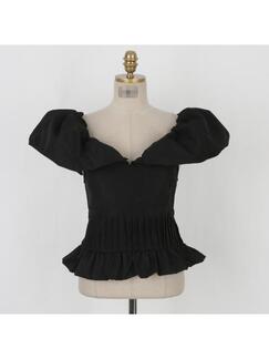 South Korea Summer Pure Desire Off-Shoulder Collar Puff Sleeve Top - BLACK