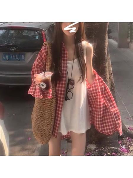 Korean New Loose Versatile Long-Sleeved Red and White Plaid Shirt