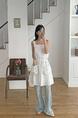Summer Korea Dongdaemun Chic Heavy Industry Stripes Design Drawstring Waist-Tight Large Pocket Sling Dress with Lining in White