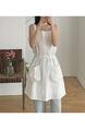 Summer Korea Dongdaemun Chic Heavy Industry Stripes Design Drawstring Waist-Tight Large Pocket Sling Dress with Lining in White