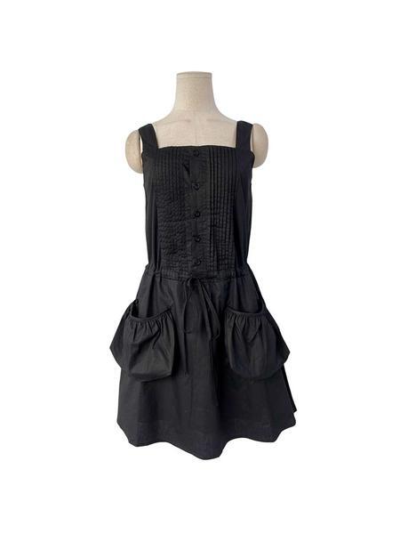 Summer Korea Dongdaemun Chic Heavy Industry Stripes Design Drawstring Waist-Tight Large Pocket Sling Dress with Lining in Black