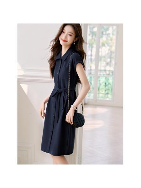 Spot Casual Commuting Knitted Shirt Short-Sleeved Dress in Navy Blue 2024 Summer New Belt Slim Dress