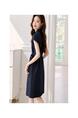 Spot Casual Commuting Knitted Shirt Short-Sleeved Dress in Navy Blue 2024 Summer New Belt Slim Dress