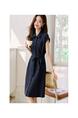Spot Casual Commuting Knitted Shirt Short-Sleeved Dress in Navy Blue 2024 Summer New Belt Slim Dress