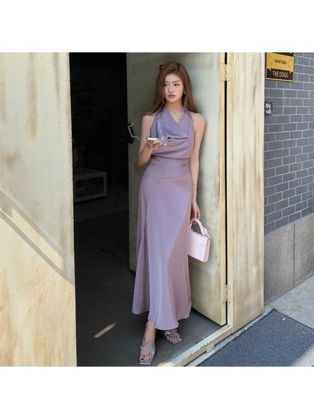 Real Shot 2025 Spring/Summer New Purple Swing Collar Design Waist Trimming Lace-Up Slimming Temperament Dress in Lavender - Female Mid-Length Skirt