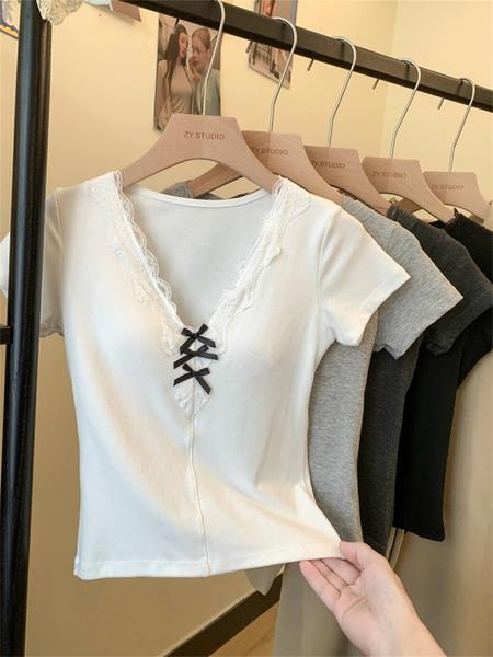 White Real Shot Cost-Effective No Reduction 25 Years New Bow V-neck Short-Sleeved T-shirt Slim Slimming Hot Girl Lace Stitching Coat
