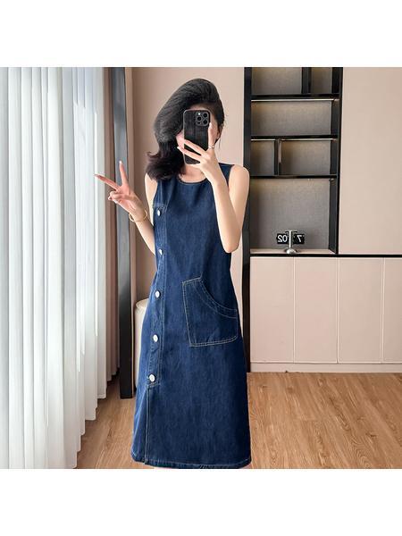 Navy Real Shot Spot 2025 Summer New Loose Straight Dress Plus Size Hong Kong Style Denim Midi Dress Sleeveless Round Neck