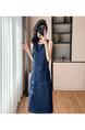 Navy Real Shot Spot 2025 Summer New Loose Straight Dress Plus Size Hong Kong Style Denim Midi Dress Sleeveless Round Neck