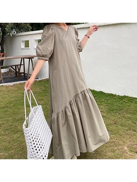 In Stock Real Shot South Korea Summer 2025 New Waist-Tight Round Neck Drape Dress in Olive Green