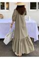 In Stock Real Shot South Korea Summer 2025 New Waist-Tight Round Neck Drape Dress in Olive Green