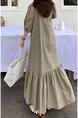 In Stock Real Shot South Korea Summer 2025 New Waist-Tight Round Neck Drape Dress in Olive Green