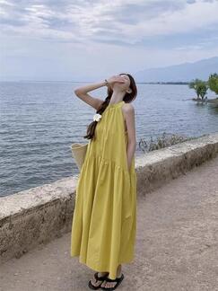 High Quality and Quality! French Style Yellow Temperament Crew Neck Vest Dress Women's Summer New Halter Loose Slimming in Bright Yellow