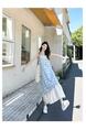 High Quality and Quality! Light Blue Plaid Suspender Skirt Dress New Summer False Two-Piece Patchwork Lace Design Dress