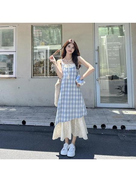 High Quality and Quality! Light Blue Plaid Suspender Skirt Dress New Summer False Two-Piece Patchwork Lace Design Dress