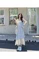 High Quality and Quality! Light Blue Plaid Suspender Skirt Dress New Summer False Two-Piece Patchwork Lace Design Dress