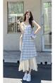 High Quality and Quality! Light Blue Plaid Suspender Skirt Dress New Summer False Two-Piece Patchwork Lace Design Dress