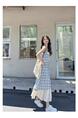 High Quality and Quality! Light Blue Plaid Suspender Skirt Dress New Summer False Two-Piece Patchwork Lace Design Dress