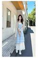 High Quality and Quality! Light Blue Plaid Suspender Skirt Dress New Summer False Two-Piece Patchwork Lace Design Dress
