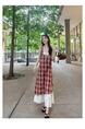 High Quality and Quality! Red Plaid Suspender Skirt Dress New Summer False Two-Piece Patchwork Lace Design Dress
