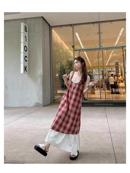 High Quality and Quality! Red Plaid Suspender Skirt Dress New Summer False Two-Piece Patchwork Lace Design Dress