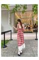 High Quality and Quality! Red Plaid Suspender Skirt Dress New Summer False Two-Piece Patchwork Lace Design Dress