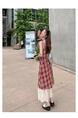 High Quality and Quality! Red Plaid Suspender Skirt Dress New Summer False Two-Piece Patchwork Lace Design Dress