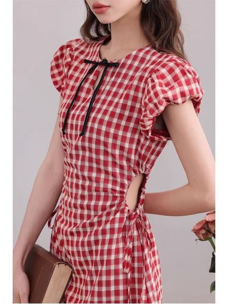 Original Practice + Zipper Hot Girl Hollow Out Red Check Skirt Women's Summer Slim Fit Slim and Tall Looking Cold Adult Lady Like Woman Wind Dress