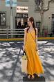 High Quality and Quality! Summer Small Look Tall French Style Temperament Gentle Bright Yellow Gallus Dress Women's Clothing