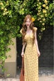 Ono Haruka French Floral Wooden Earrings with Self-Padded Chest Lace Collar Cheese Yellow Dress
