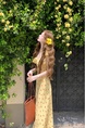 Ono Haruka French Floral Wooden Earrings with Self-Padded Chest Lace Collar Cheese Yellow Dress