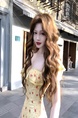 Ono Haruka French Floral Wooden Earrings with Self-Padded Chest Lace Collar Cheese Yellow Dress