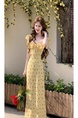 Ono Haruka French Floral Wooden Earrings with Self-Padded Chest Lace Collar Cheese Yellow Dress