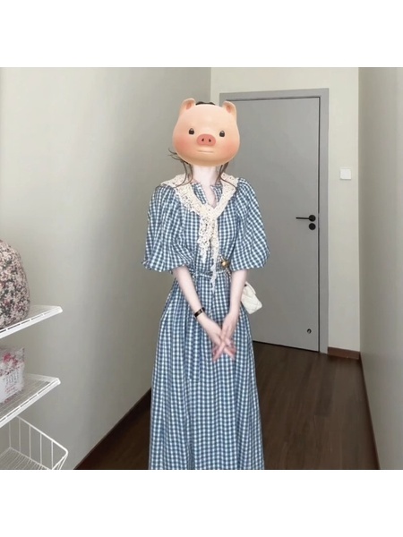 French Style Retro Cropped Sleeves Loose Plaid Dress Women's Summer New Waist Slimming A-line Midi Dress in Blue and White Gingham