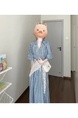 French Style Retro Cropped Sleeves Loose Plaid Dress Women's Summer New Waist Slimming A-line Midi Dress in Blue and White Gingham