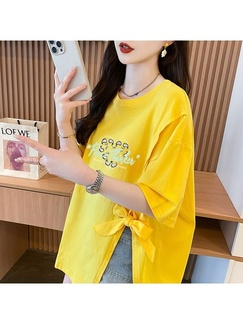 Real Shot Douyin Quality/Pure Cotton/Back Collar/Medium-Length Loose Slit Strap Design T in Bright Yellow