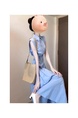 French Style Gentle Blue Polo Collar Sleeveless Dress in Light Blue Simple and Elegant High-Grade Waist-Tight A-line Dress
