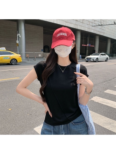 Real Shot Cost-Effective Round Neck Short-Sleeved T-shirt for Women in Black Summer 2025 New Flying Sleeves Casual Versatile Loose Top