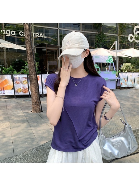 Real Shot Cost-Effective Round Neck Short-Sleeved T-shirt for Women in Purple Summer 2025 New Flying Sleeves Casual Versatile Loose Top