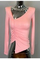 South Korea's Dongdaemun New Product is Skin-Friendly and Shows the Body ~ Sexy V-Neck Pleated Slim Long-Sleeved T-Shirt in Pink