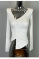 South Korea's Dongdaemun New Product is Skin-Friendly and Shows the Body ~ Sexy V-Neck Pleated Slim Long-Sleeved T-Shirt in White