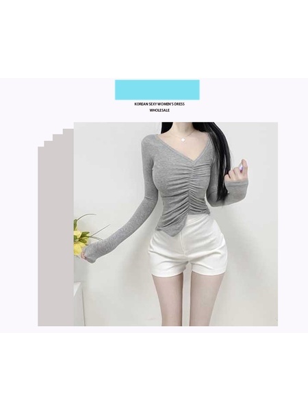 South Korea's Dongdaemun New Product is Skin-Friendly and Shows the Body ~ Sexy V-Neck Pleated Slim Long-Sleeved T-Shirt in Gray