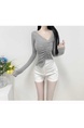 South Korea's Dongdaemun New Product is Skin-Friendly and Shows the Body ~ Sexy V-Neck Pleated Slim Long-Sleeved T-Shirt in Gray