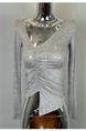 South Korea's Dongdaemun New Product is Skin-Friendly and Shows the Body ~ Sexy V-Neck Pleated Slim Long-Sleeved T-Shirt in Gray