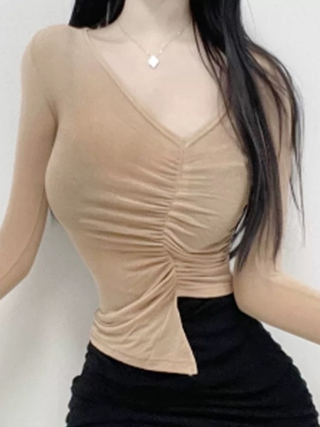 South Korea's Dongdaemun New Product is Skin-Friendly and Shows the Body ~ Sexy V-Neck Pleated Slim Long-Sleeved T-Shirt in Beige