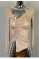 South Korea's Dongdaemun New Product is Skin-Friendly and Shows the Body ~ Sexy V-Neck Pleated Slim Long-Sleeved T-Shirt in Beige