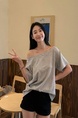 Real Shot Cost-Effective Off-Shoulder Short-Sleeved T-Shirt Women's Summer Pure Desire Diagonal Collar Off-Shoulder Loose Slimming Chic Top in Gray