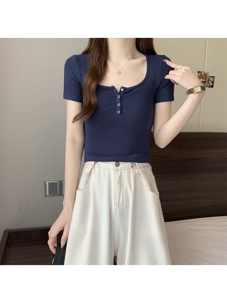 Summer Cotton T-shirt Lady Cotton Short-Sleeved T-shirt for Women Half-Open Collar Pure Hot Girl Top Fashion in Navy Blue