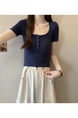Summer Cotton T-shirt Lady Cotton Short-Sleeved T-shirt for Women Half-Open Collar Pure Hot Girl Top Fashion in Navy Blue