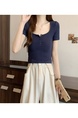 Summer Cotton T-shirt Lady Cotton Short-Sleeved T-shirt for Women Half-Open Collar Pure Hot Girl Top Fashion in Navy Blue