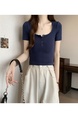 Summer Cotton T-shirt Lady Cotton Short-Sleeved T-shirt for Women Half-Open Collar Pure Hot Girl Top Fashion in Navy Blue